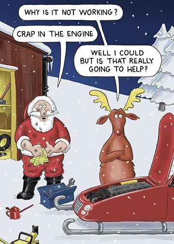 This Funny Christmas Card, 130mm x 181mm, Santa Claus Repairing sleigh, Verse 'Merry Christmas and a Happy New Year' is a Christmas Card priced at £ 2.75 from Made To Be Treasured range. Produced by Paperlink for excellent quality