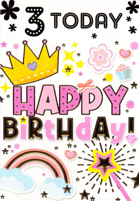 This 3rd Birthday Card with Rainbow, Crown, Stars and Floral Decorations is a Birthday Card priced at £ 2.00 from Made To Be Treasured range. Produced by Silverline for excellent quality