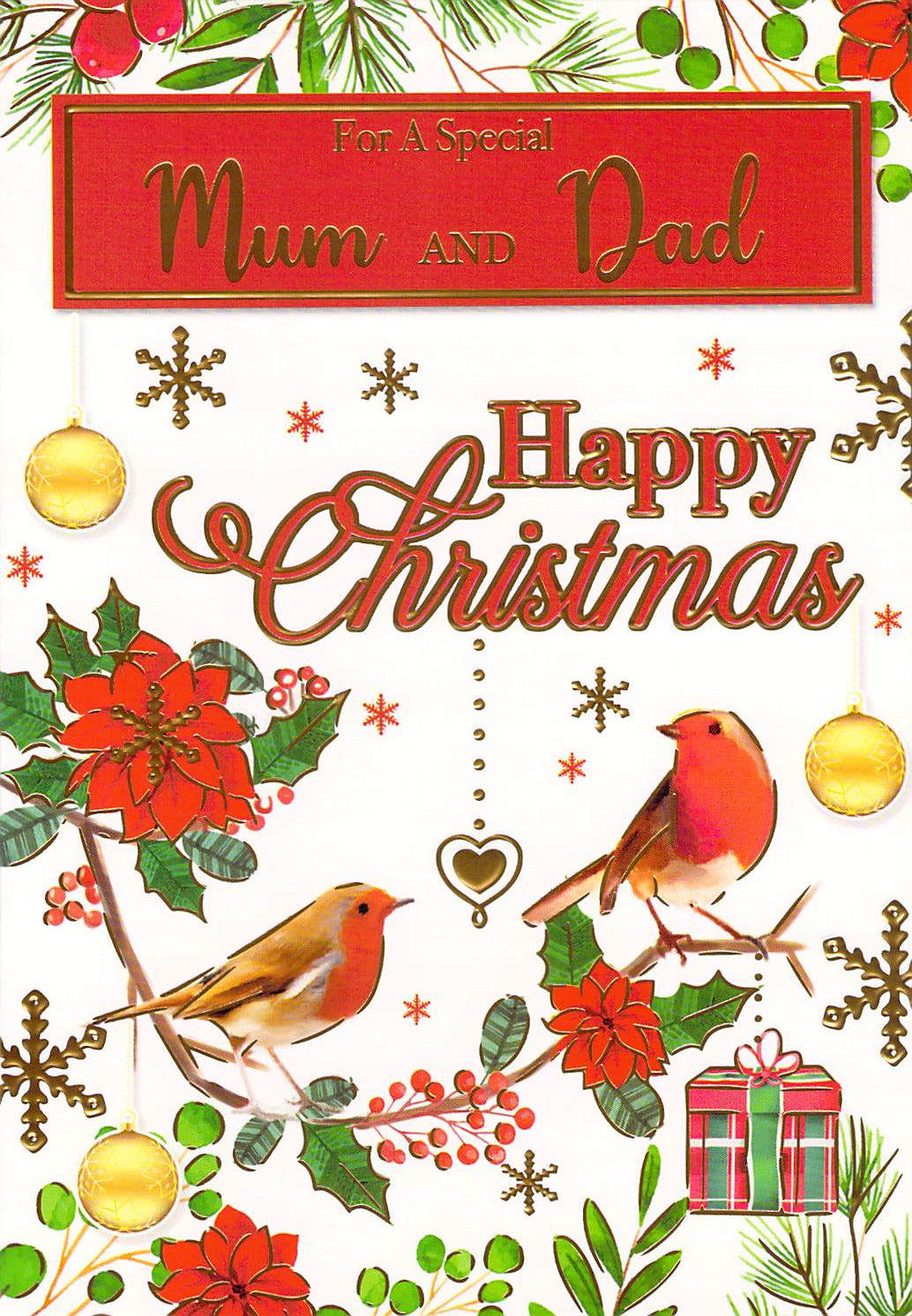 This Mum Dad Christmas Card Happy Christmas Robin Holly Poinsettia Greeting Card is a Christmas Card priced at £ 1.99 from Made To Be Treasured range. Produced by Silverline for excellent quality