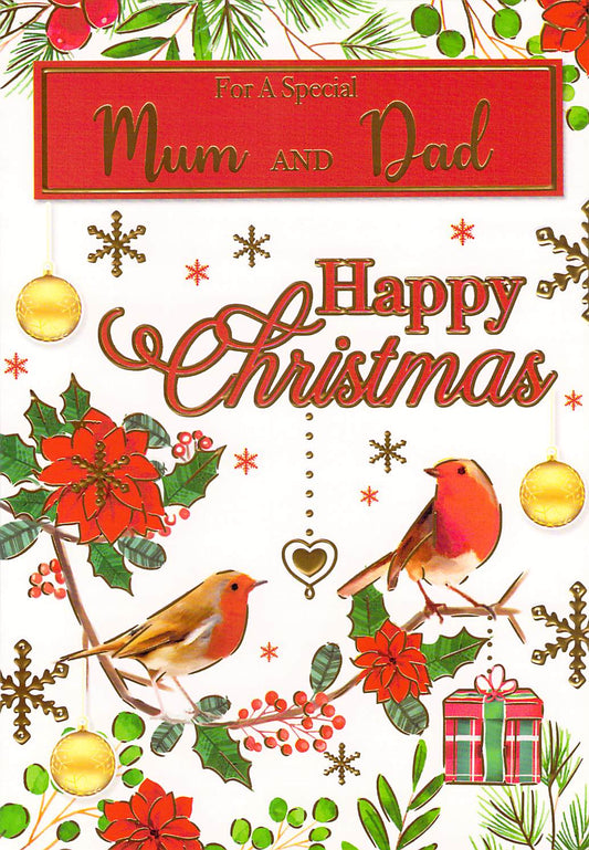This Mum Dad Christmas Card Happy Christmas Robin Holly Poinsettia Greeting Card is a Christmas Card priced at £ 1.99 from Made To Be Treasured range. Produced by Silverline for excellent quality
