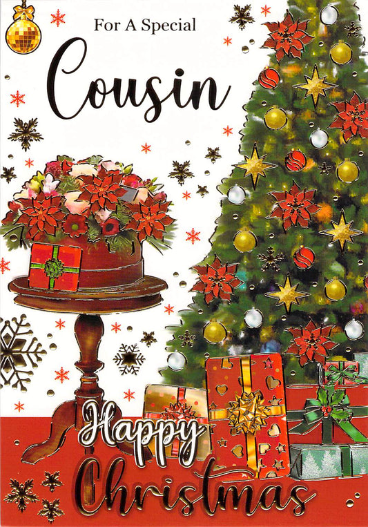 This Cousin Christmas Card | Decorated Tree & Poinsettia Design | Made To Be Treasured is a Christmas Card priced at £ 2.29 from Made To Be Treasured range. Produced by Made To Be Treasured for excellent quality