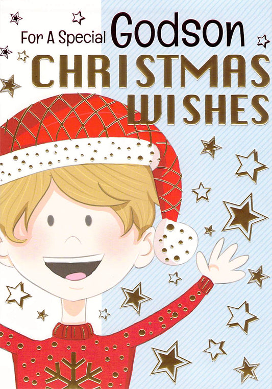 This Godson Christmas Card, Boy with Christmas Hat, Gold Stars is a Christmas Card priced at £ 1.80 from Made To Be Treasured range. Produced by Silverline for excellent quality