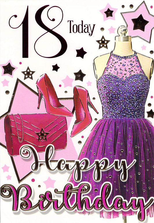 This 18th Birthday Card, Purple Dress, Shoes and Bag Design is a Birthday Card priced at £ 0.00 from Made To Be Treasured range. Produced by Silverline for excellent quality