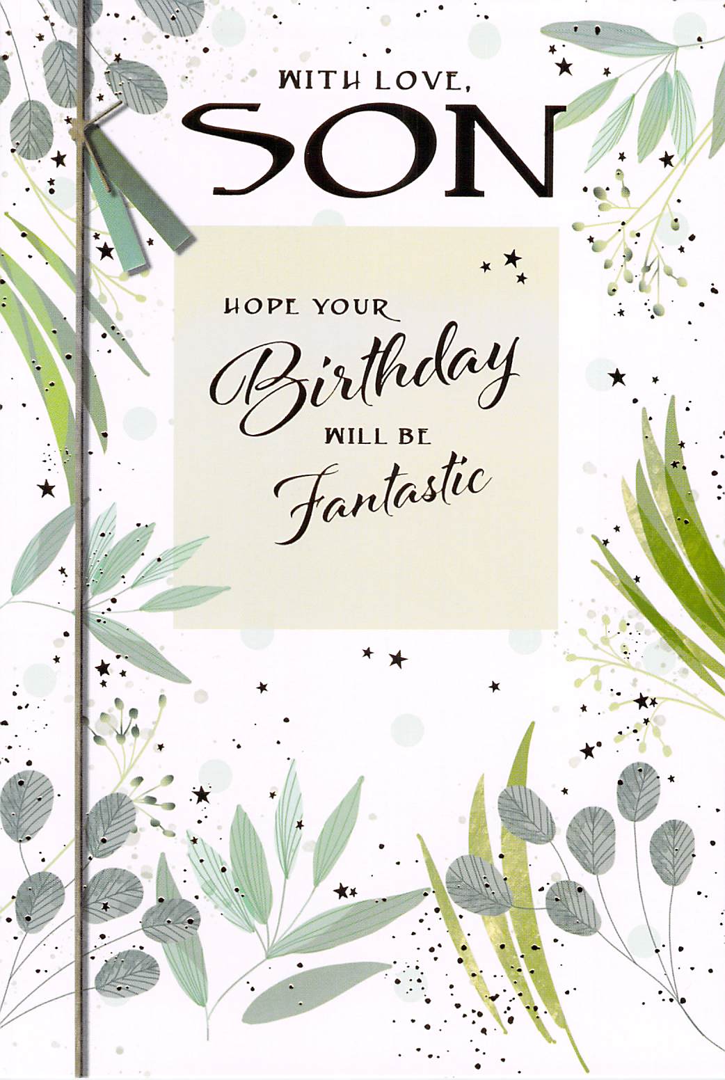 This Son Birthday Greeting Card - Gold Foiling with Green Foliage Design is a Greeting Card priced at £ 2.99 from Made To Be Treasured range. Produced by Simon & Elvin for excellent quality