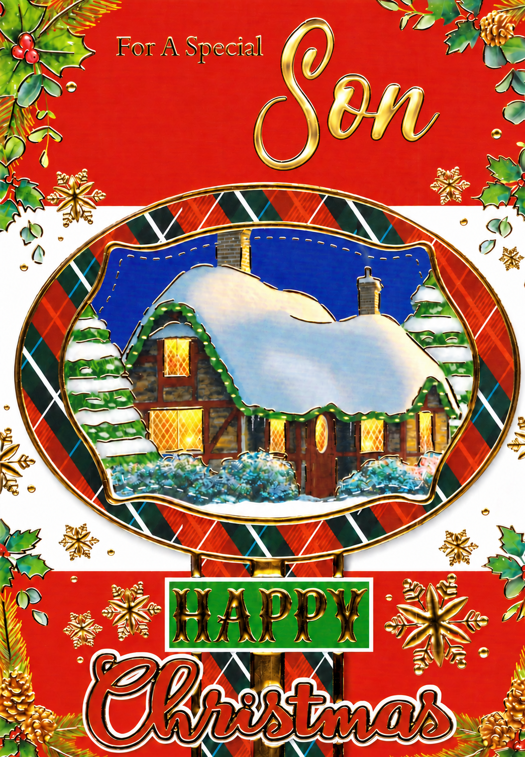 Front of a red Christmas card for a son with a snowy cottage, holly and gold foil lettering