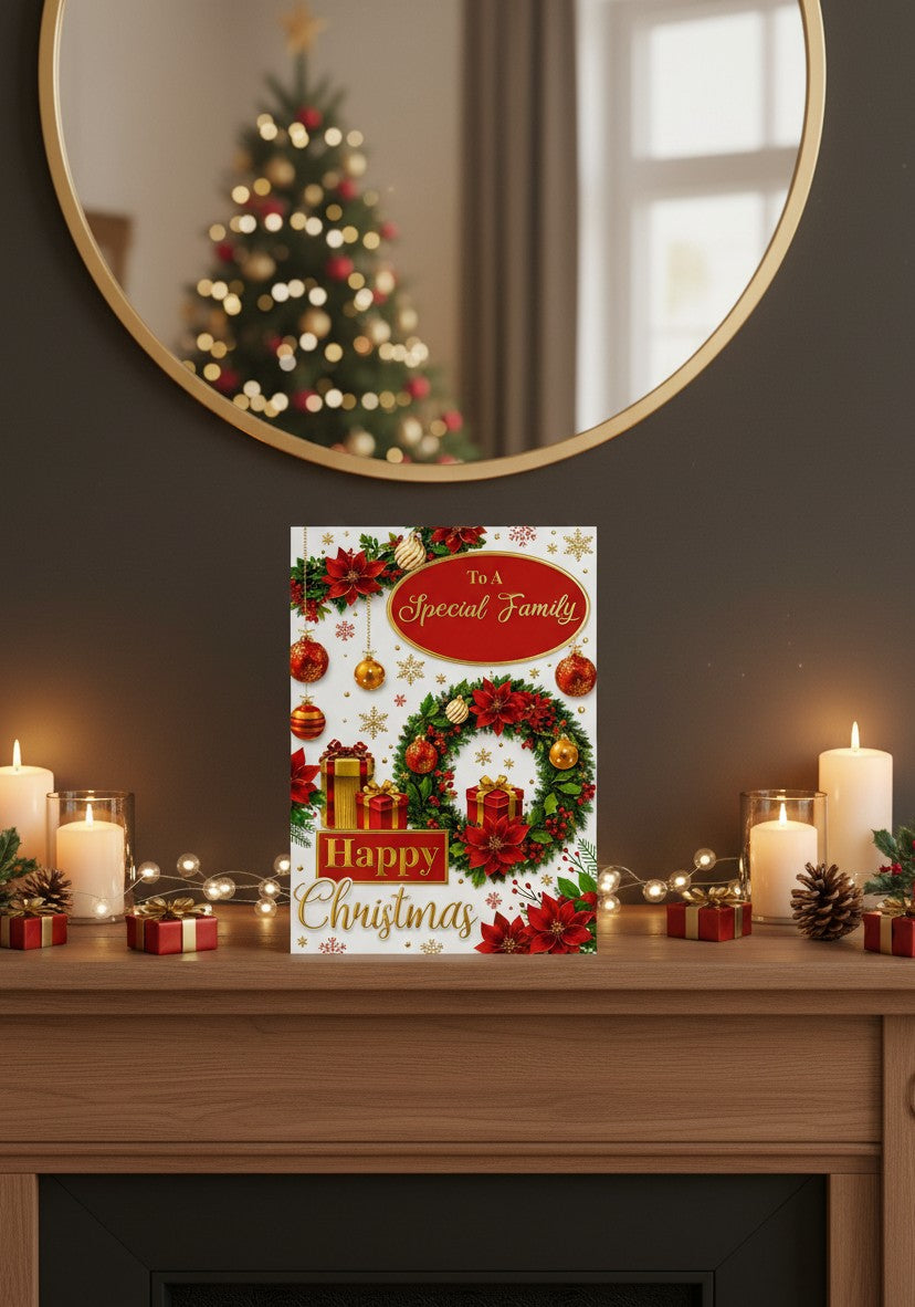 Special Family Christmas Card – Traditional Wreath & Poinsettia Christmas Greeting Card