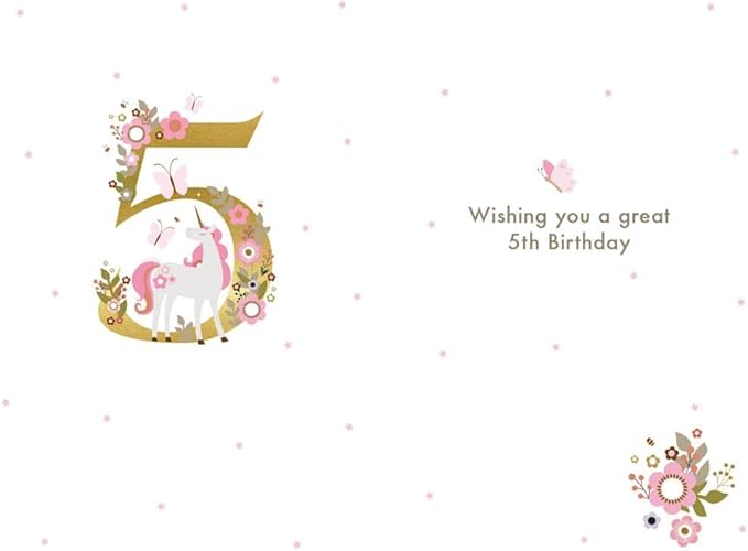 5th Birthday Card - Age 5 - Unicorn & Flowers with Gold Foil - Made in Britain