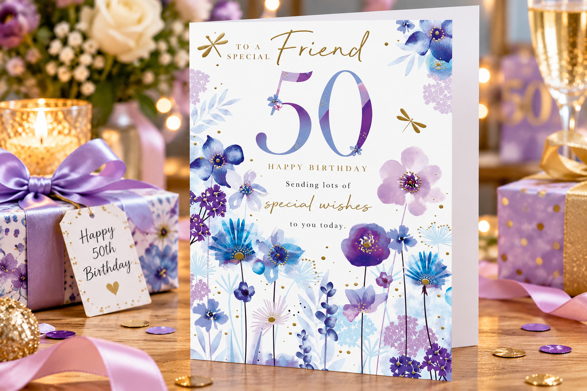 Special friend 50th birthday card by Kingfisher displayed with birthday gifts