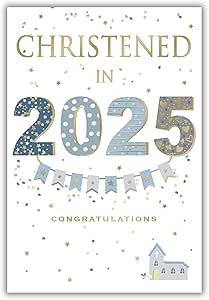 This ICG 2025 Christening Card - Christened in 2025 - Church and Confetti Design and Special Finishes - Eco-Friendly Card for Boys is a Christening card priced at £ 3.39 from Made To Be Treasured range. Produced by ICG for excellent quality