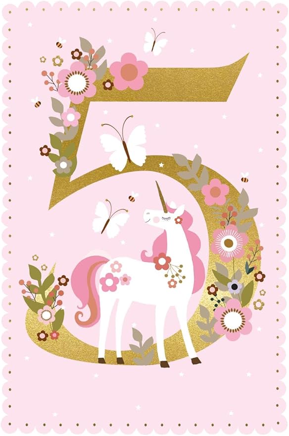 5th Birthday Card - Age 5 - Unicorn & Flowers with Gold Foil - Made in Britain