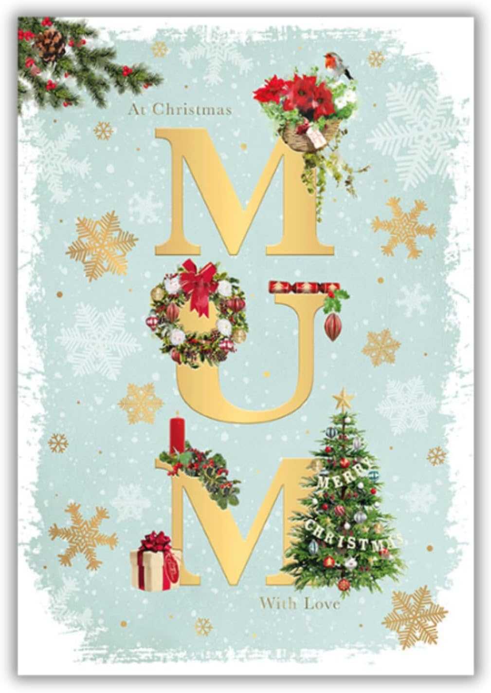 Mum Christmas Card – With Love at Christmas, Festive Gold & Snowflakes Words & Wishes Made To Be Treasured