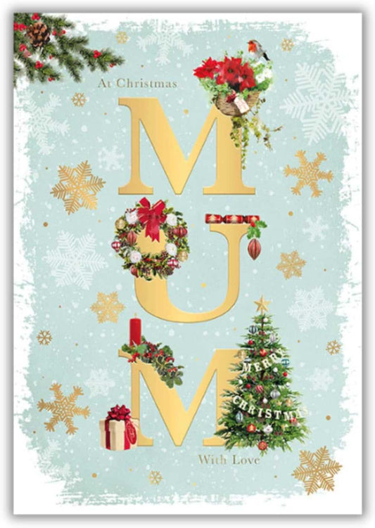 Mum Christmas Card – With Love at Christmas, Festive Gold & Snowflakes Words & Wishes Made To Be Treasured