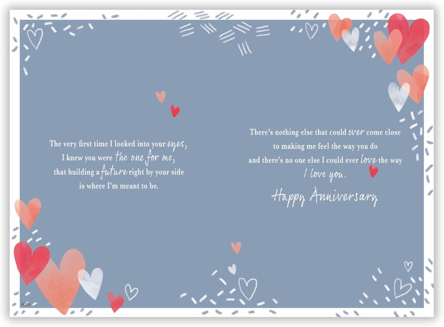 Husband anniversary card interior with romantic message on navy blue background with colorful hearts and white decorative elements