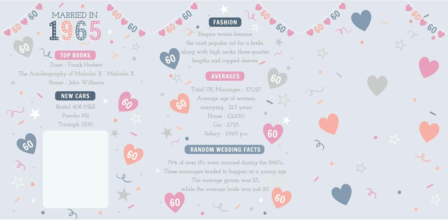 60th Diamond Wedding Anniversary Card - Married in 1965 - Tri-fold Greeting Card with Nostalgic Facts