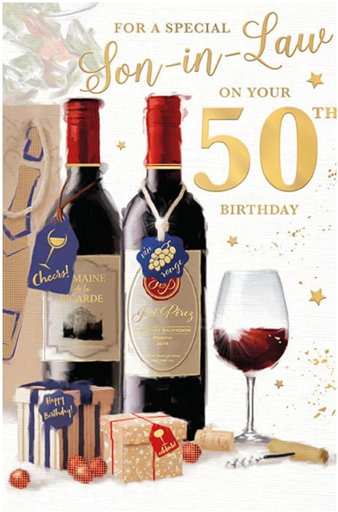 This Son-in-Law 50th Birthday Card - Two Red Wine Bottles Glass and Presents Design Multi-Coloured is a Greeting Card priced at £ 3.49 from Made To Be Treasured range. Produced by Words 'n' Wishes for excellent quality