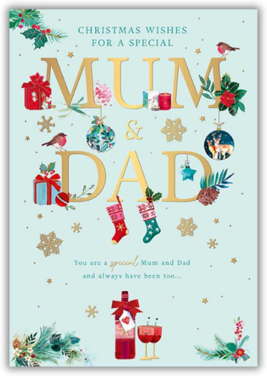 Mum & Dad Christmas Card – Festive Baubles & Gold Foil Design Words & Wishes Made To Be Treasured