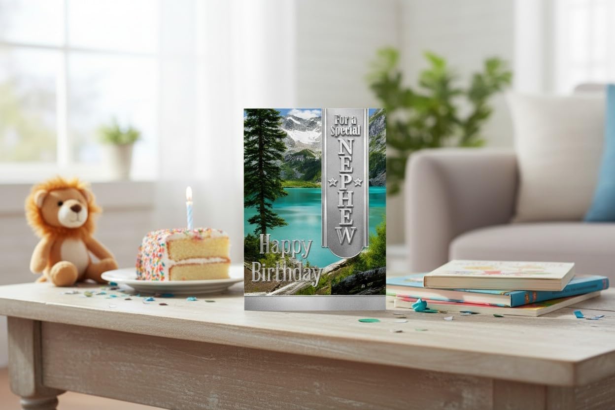 Special Nephew Birthday Card – Scenic Lake & Mountain Design
