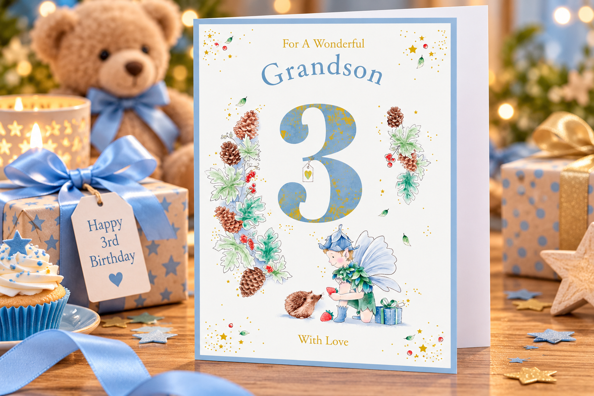 Kingfisher grandson 3rd birthday card styled with blue gifts, teddy bear and birthday cupcake