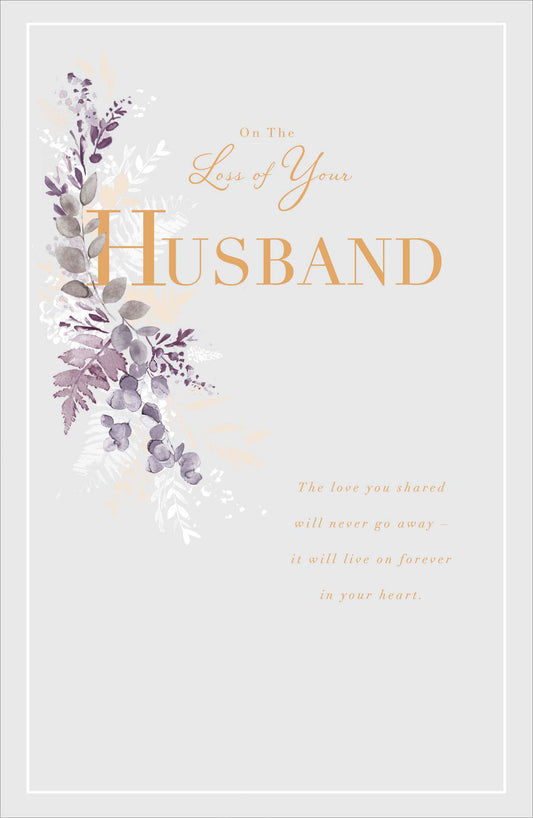 This On The Loss of Your Husband Gold Foil Details Sympathy Card is a Greeting Card priced at £ 2.95 from Made To Be Treasured range. Produced by UKG for excellent quality