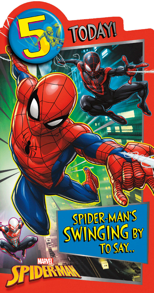 This Marvel Spider Man Age 5 Birthday Card with Badge is a Greeting Card priced at £ 2.99 from Made To Be Treasured range. Produced by UKG for excellent quality