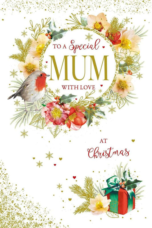 To a Special Mum with Love at Christmas – Robin & Floral Wreath Card Greeting Card Nigel Quinney Made To Be Treasured