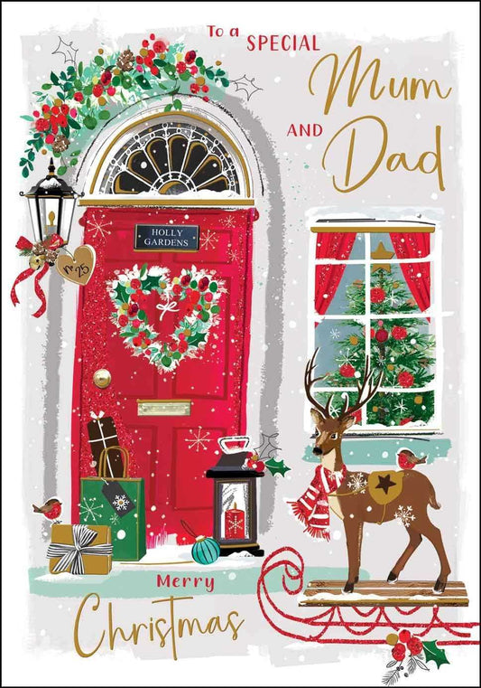 Special Mum and Dad Christmas Card – Red Door Festive Home Scene Christmas – Mum and Dad Jonny Javelin Made To Be Treasured