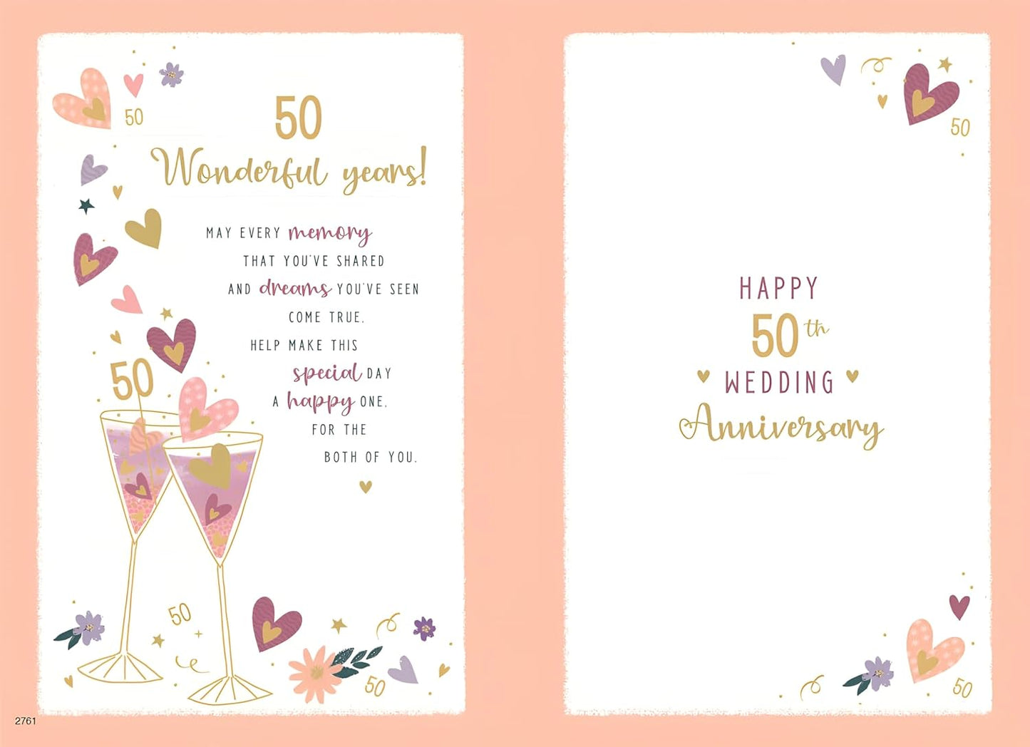 IC&G Code 75 50th Anniversary Card inside message "50 Wonderful years! May every memory shared and dreams come true" with "HAPPY 50th WEDDING Anniversary" text and decorative hearts