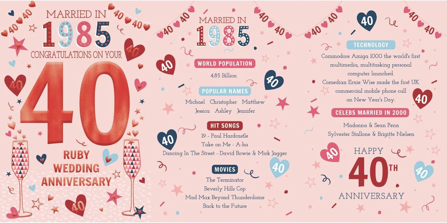IC&G 40th Ruby Wedding Anniversary Card Married in 1985 - Tri-Fold Nostalgic Facts