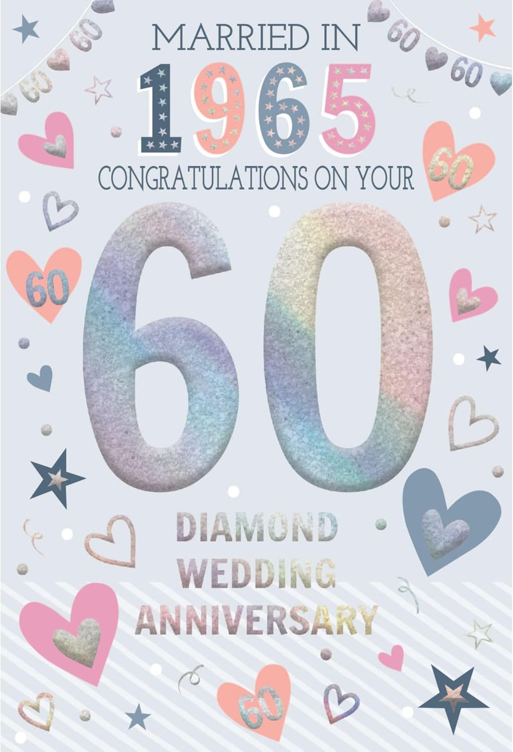 This 60th Diamond Wedding Anniversary Card - Married in 1965 - Tri-fold Greeting Card with Nostalgic Facts is a Greeting & Note Cards priced at £ 3.39 from Made To Be Treasured range. Produced by ICG for excellent quality