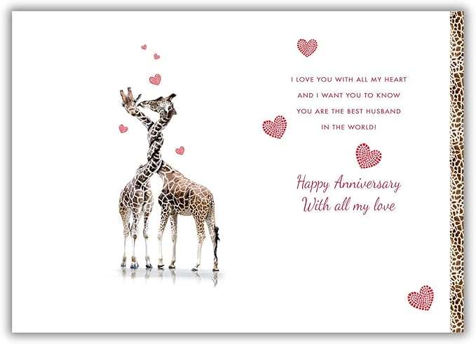 Husband Anniversary Card – Romantic Giraffe Design with Hearts – Nigel Quinney Greeting Card Nigel Quinney Made To Be Treasured