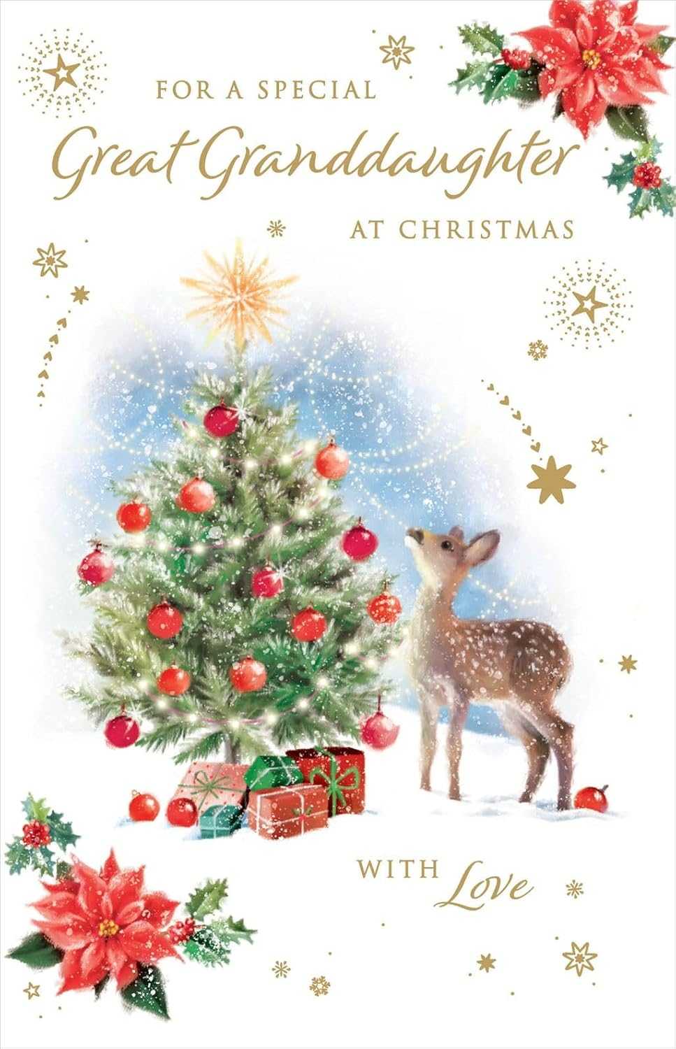 Great Granddaughter Christmas Card – Tree & Deer Design Nigel Quinney Made To Be Treasured