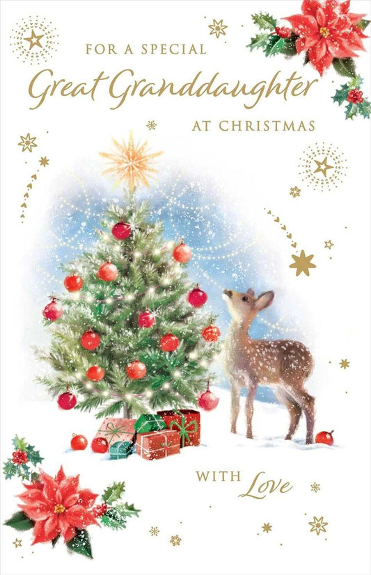 Great Granddaughter Christmas Card – Tree & Deer Design Nigel Quinney Made To Be Treasured