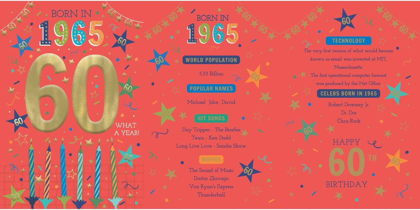 60th birthday card trifold interior showing 1965 facts including sports, average costs, new cars, and random facts with decorative stars and confetti