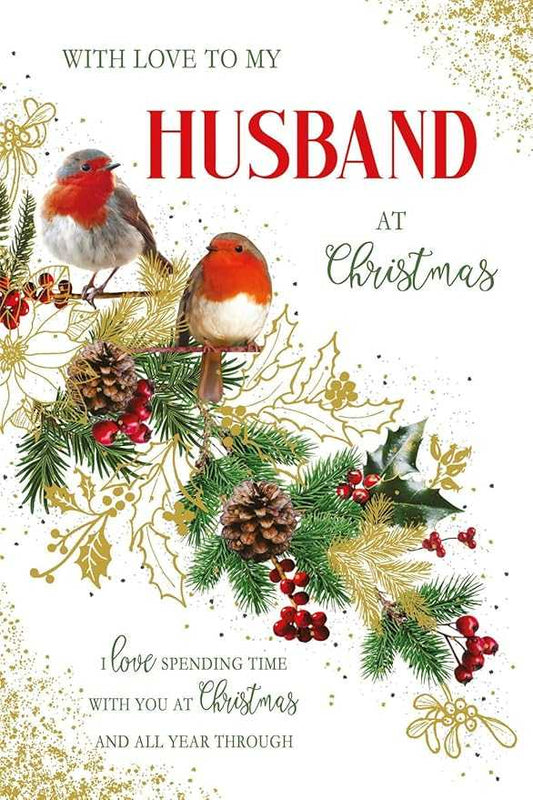 Husband Christmas Card – Robin & Festive Pinecone Design Nigel Quinney Made To Be Treasured