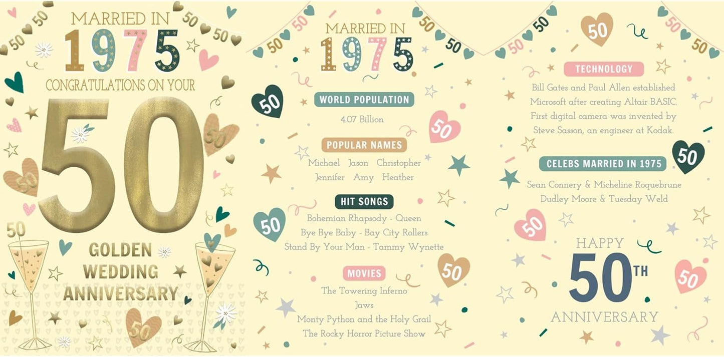 IC&G tri-fold card inside spread featuring 1975 facts including world population, popular names, hit songs, movies, technology innovations, sports results and historical events from 1975