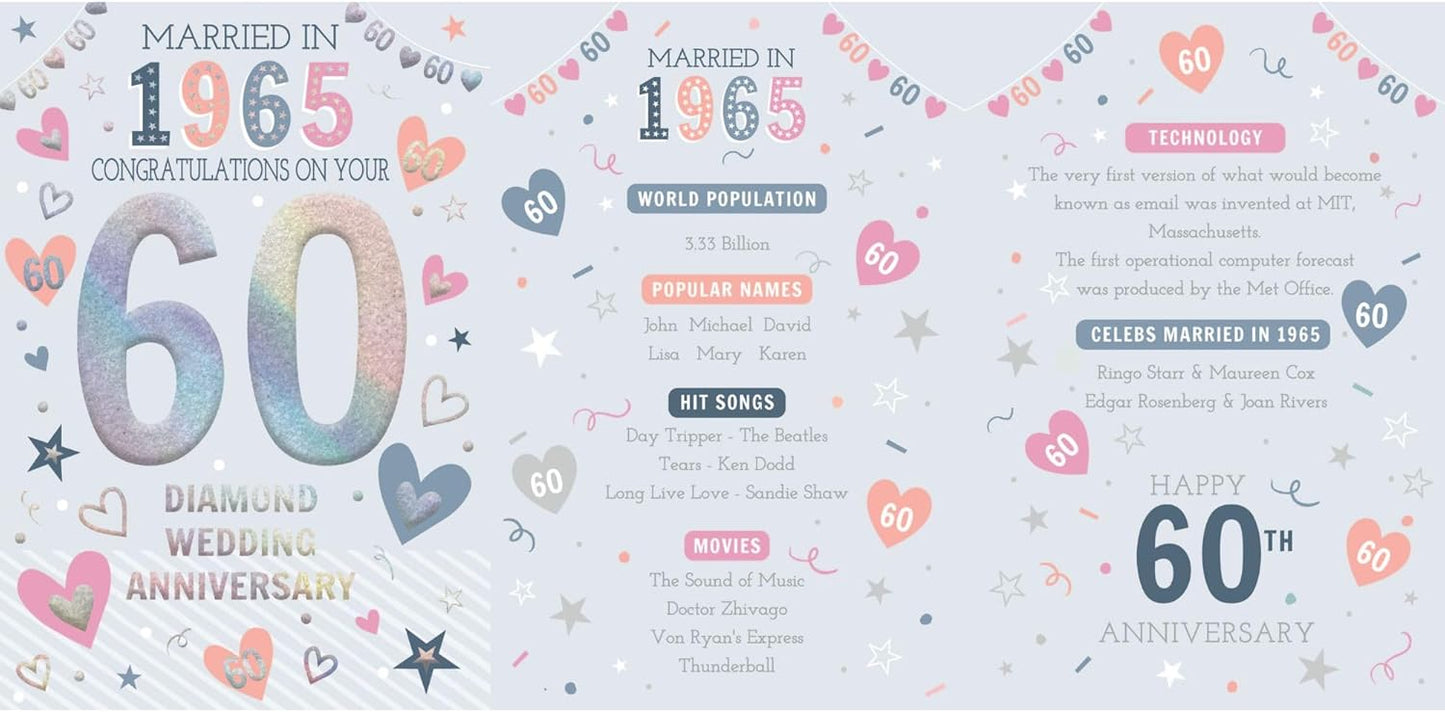 60th Diamond Wedding Anniversary Card - Married in 1965 - Tri-fold Greeting Card with Nostalgic Facts
