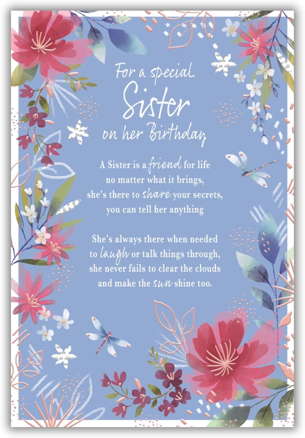 This Sister Birthday Card - Blue Floral with Pink Cosmos and Dragonflies is a Greeting & Note Cards priced at £ 3.99 from Made To Be Treasured range. Produced by ICG for excellent quality