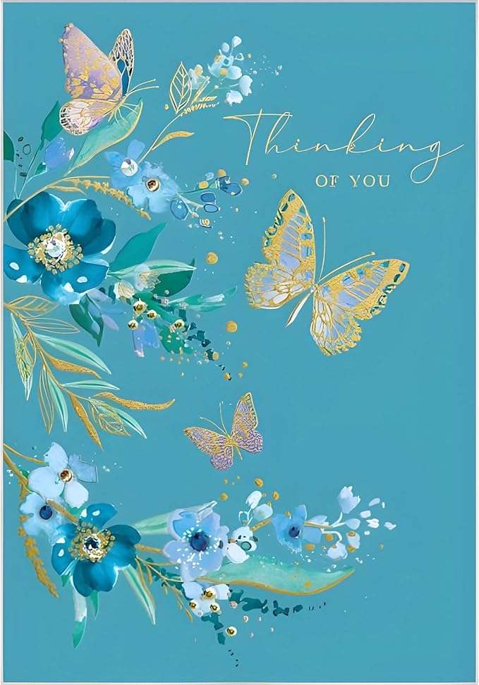 This “Thinking of You” Greeting Card – Floral & Butterfly with Special Finishes – SKU 17B‑9 is a Greeting Card priced at £ 2.99 from Made To Be Treasured range. Produced by Made to be Treasured for excellent quality
