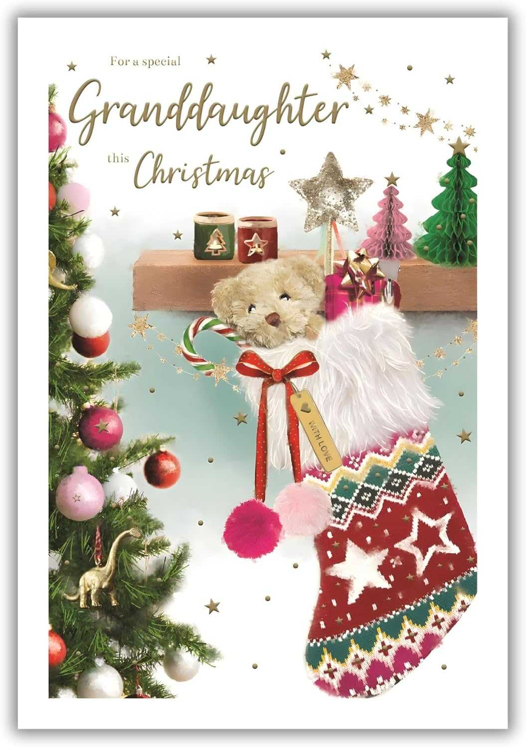 Granddaughter Christmas Card – Cute Teddy Bear & Stocking Festive Greeting ICG Made To Be Treasured