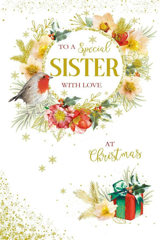 Sister Christmas Card – Robin & Festive Wreath Design Nigel Quinney Made To Be Treasured