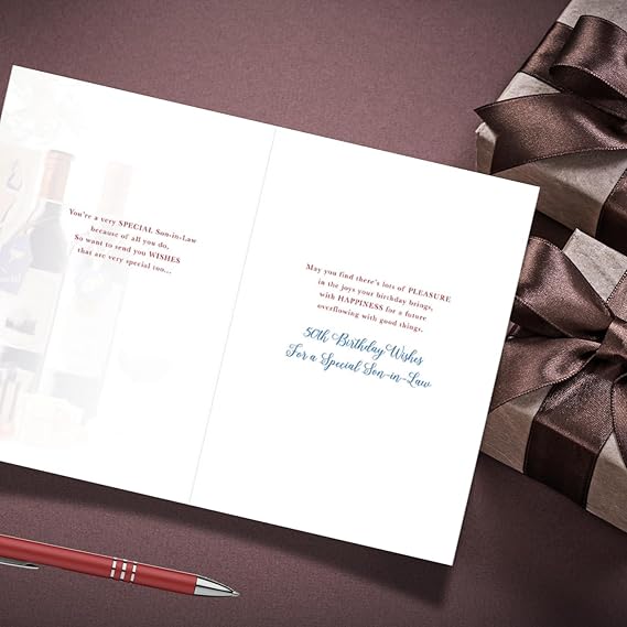 Son-in-Law 50th Birthday Card - Two Red Wine Bottles Glass and Presents Design Multi-Coloured