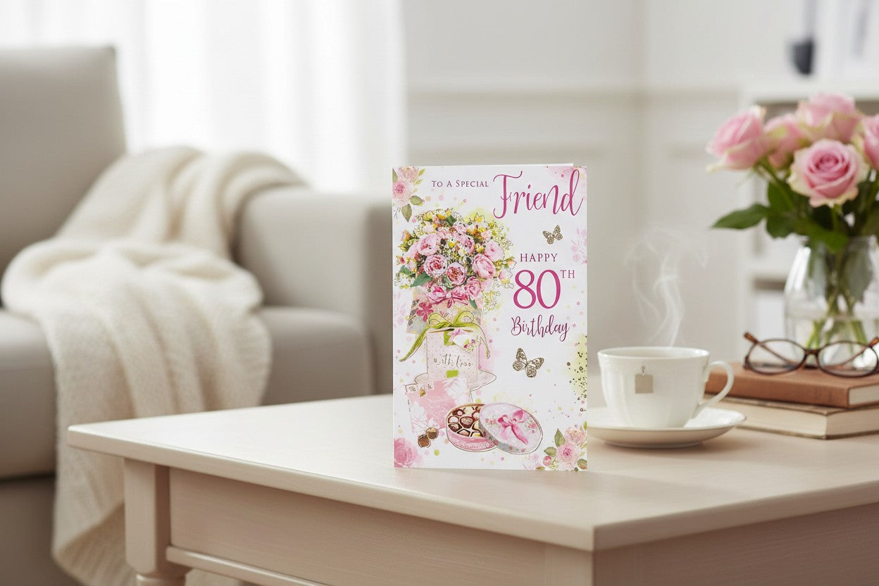 80th Birthday Card for a Special Friend – Floral Pink Birthday Card