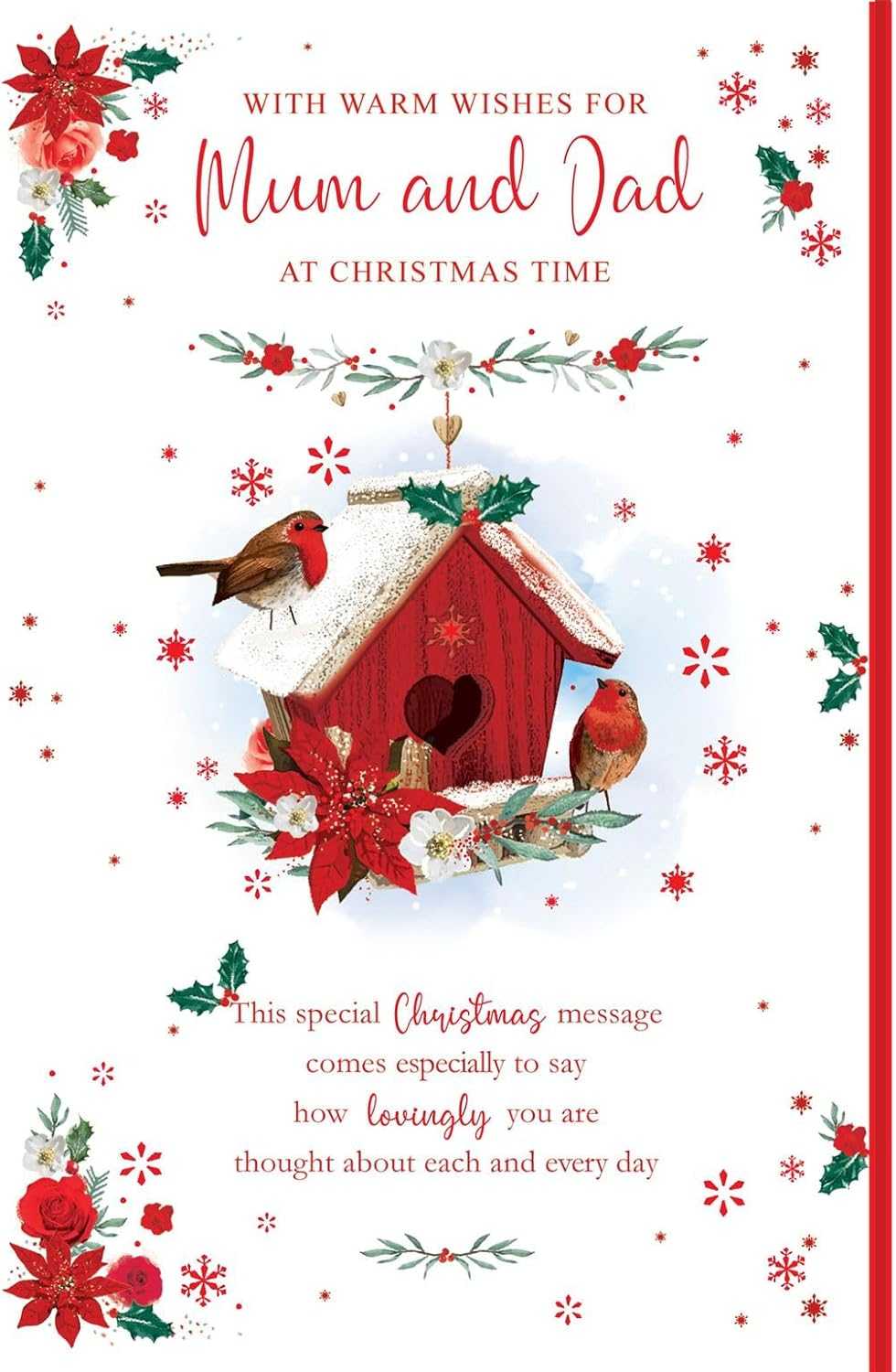 Mum & Dad Christmas Card – Red Birdhouse with Robins Greeting Card Nigel Quinney Made To Be Treasured