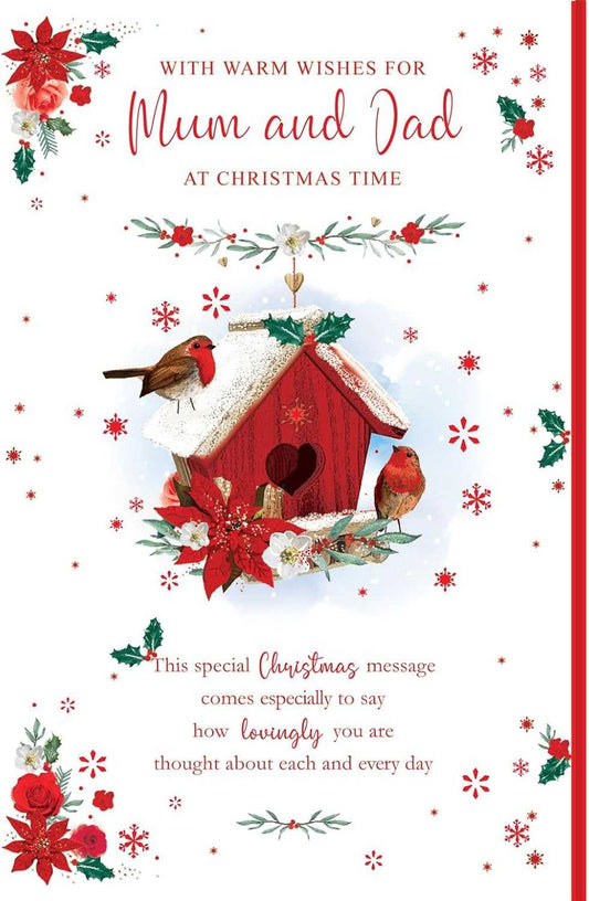 Mum & Dad Christmas Card – Red Birdhouse with Robins Greeting Card Nigel Quinney Made To Be Treasured