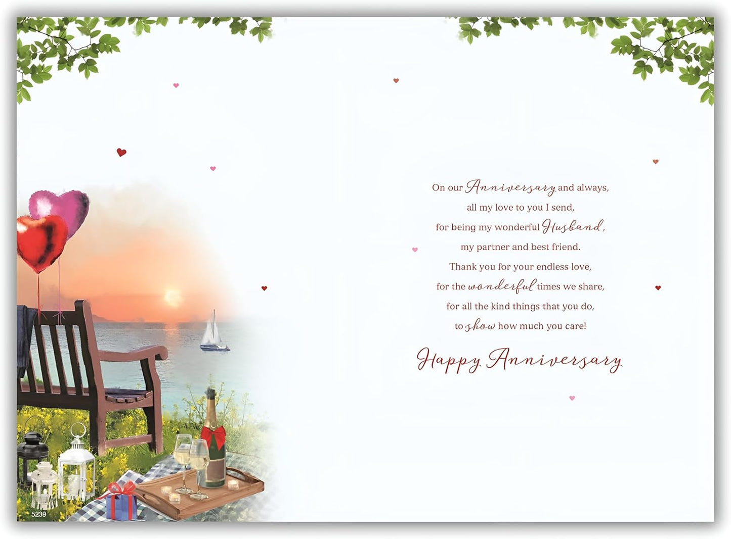 Husband Anniversary Card - Romantic Sunset Scene with Heart Balloons