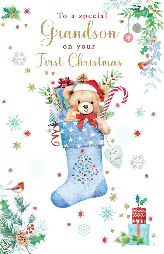 Grandson First Christmas Card – Teddy in Blue Stocking Greeting Card Nigel Quinney Made To Be Treasured