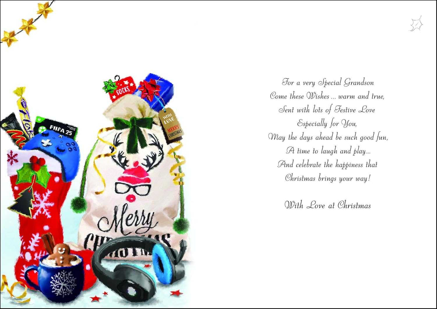Special Grandson Christmas Card – Gamer Stocking & Gifts Festive Design Christmas – Grandson Jonny Javelin Made To Be Treasured