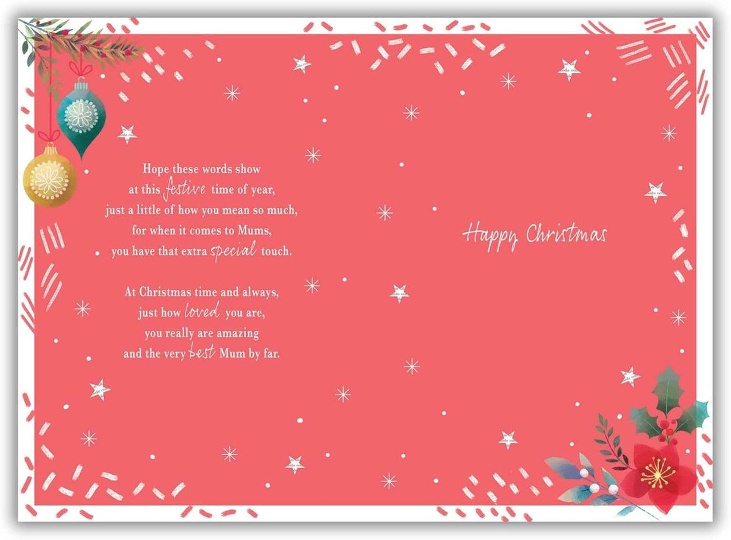 Mum Christmas Card – Festive Red Floral & Bauble Design ICG Made To Be Treasured