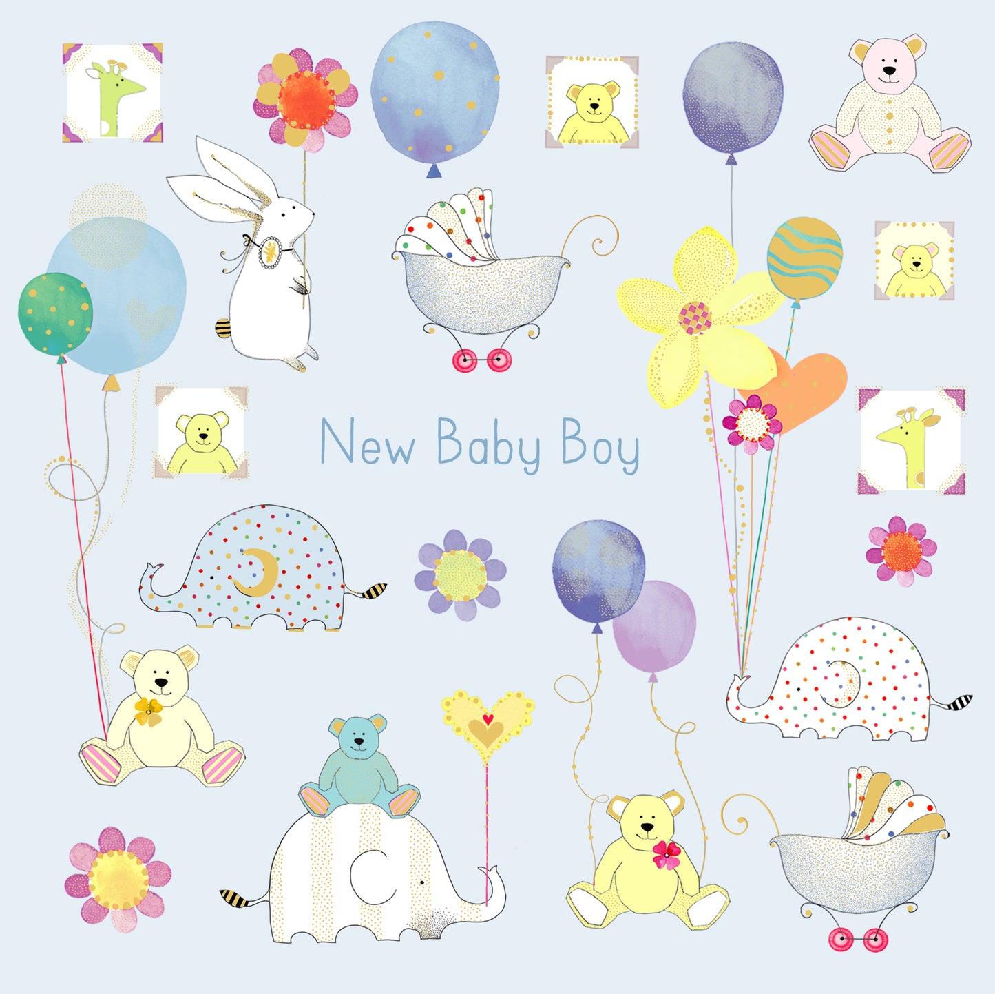 This New Baby Boy - Illustrated baby Theme - Greeting Card - Blank Inside is a Greeting Card priced at £ 0.00 from Made To Be Treasured range. Produced by UKG for excellent quality