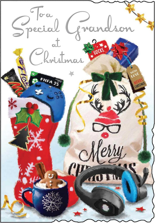 Special Grandson Christmas Card – Gamer Stocking & Gifts Festive Design Christmas – Grandson Jonny Javelin Made To Be Treasured